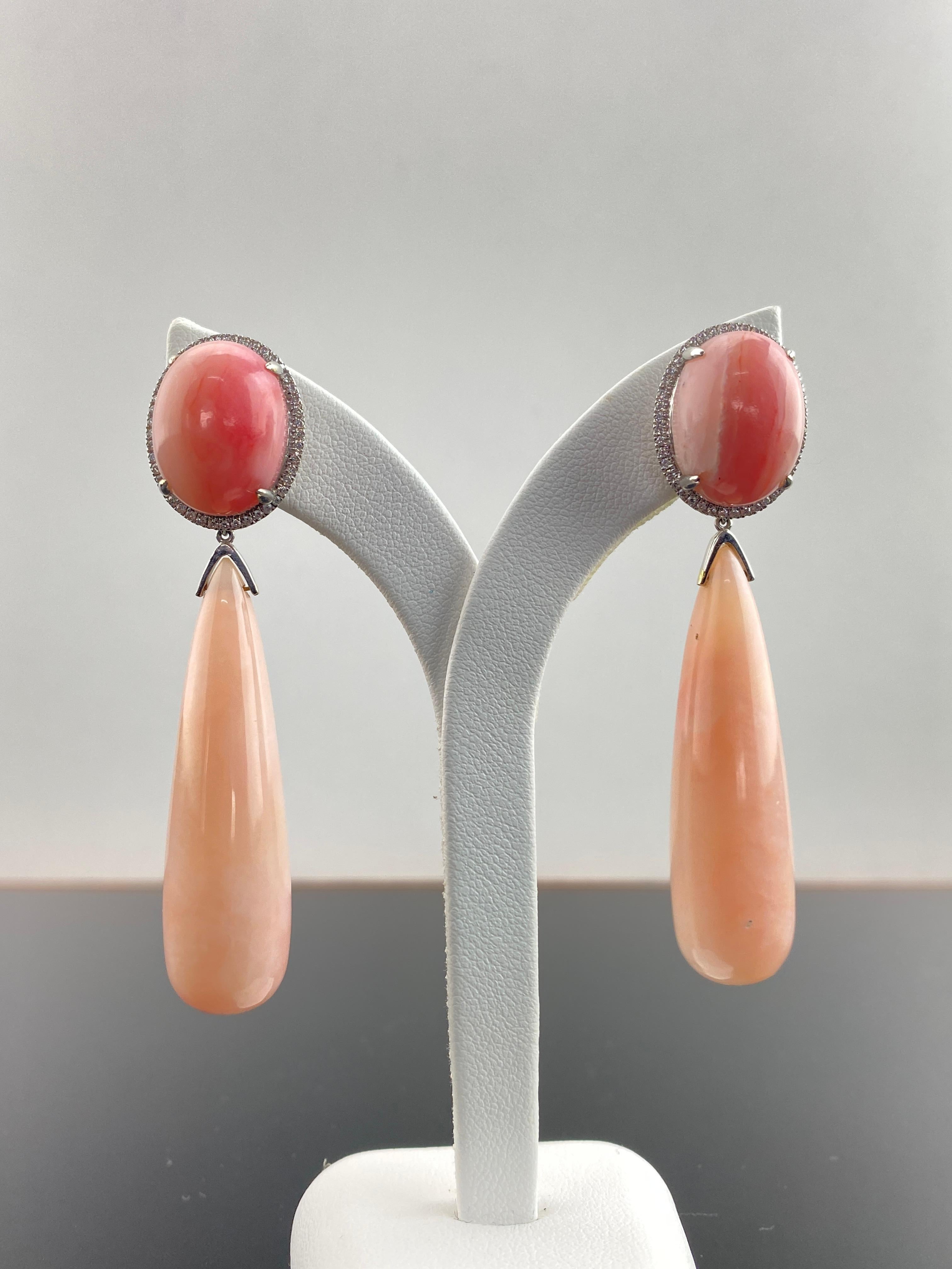 Cabochon 82.61 Carat Pink Opal and Diamond Dangle Earrings For Sale