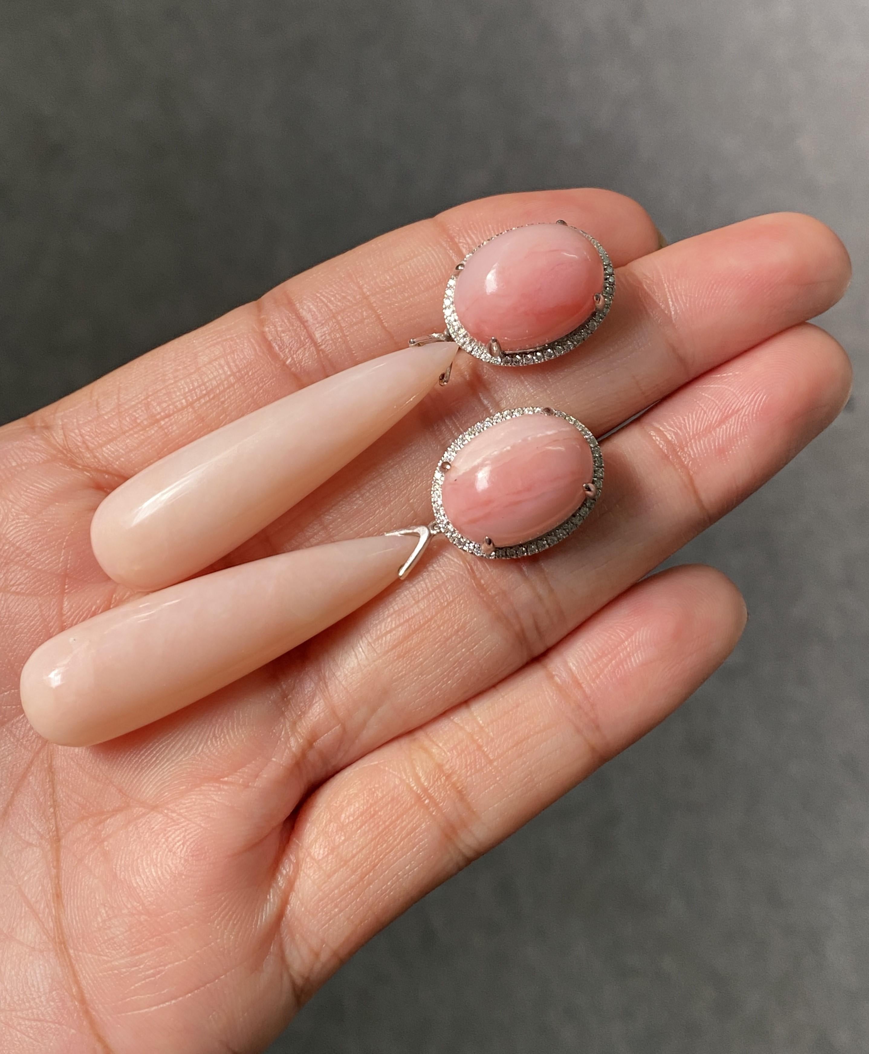 82.61 Carat Pink Opal and Diamond Dangle Earrings In New Condition For Sale In Bangkok, Thailand