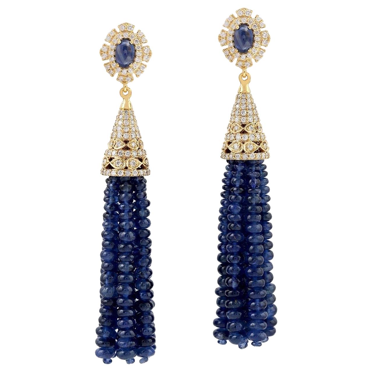 82.67 Carat Blue Sapphire Diamond 18 Karat Gold Tassel Earrings For Sale