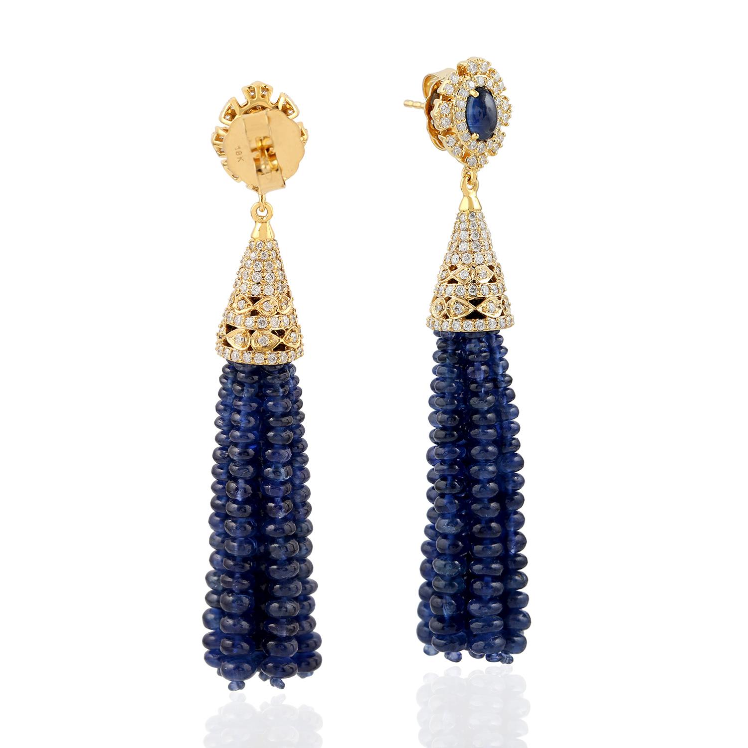 Mixed Cut 82.67ct Blue Sapphire Tassel Earrings With Diamonds Made In 18k Yellow Gold For Sale