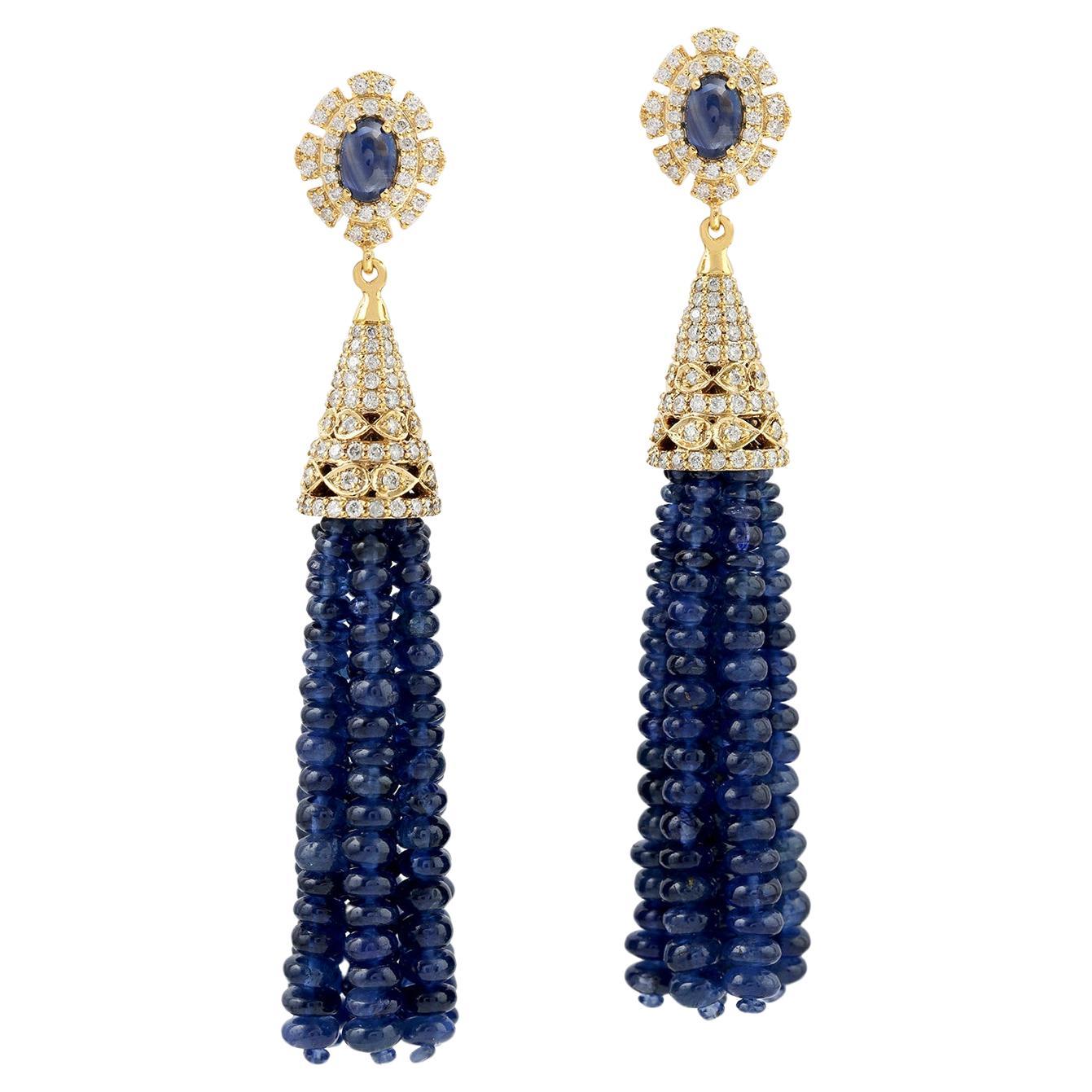 82.67ct Blue Sapphire Tassel Earrings With Diamonds Made In 18k Yellow Gold For Sale