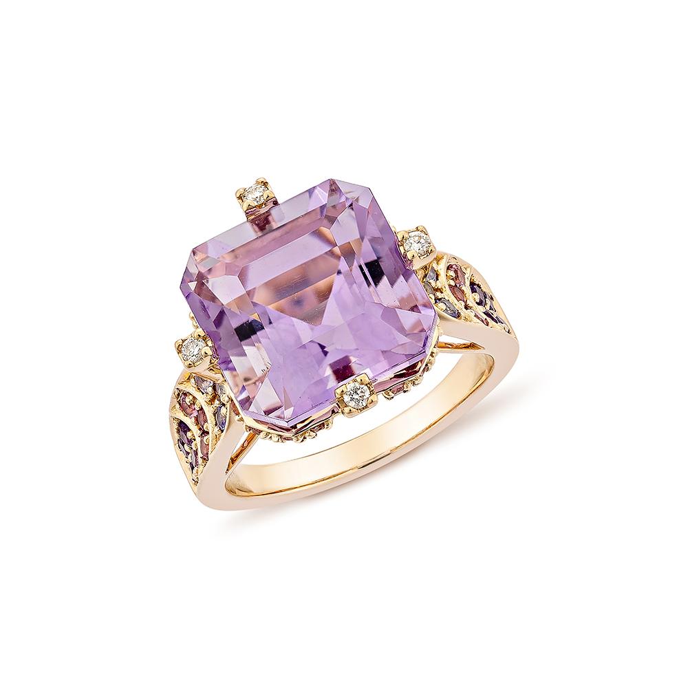 Contemporary 8.27 Carat Amethyst Fancy Ring in 18KRG with Multi Gemstone and Diamond.   For Sale
