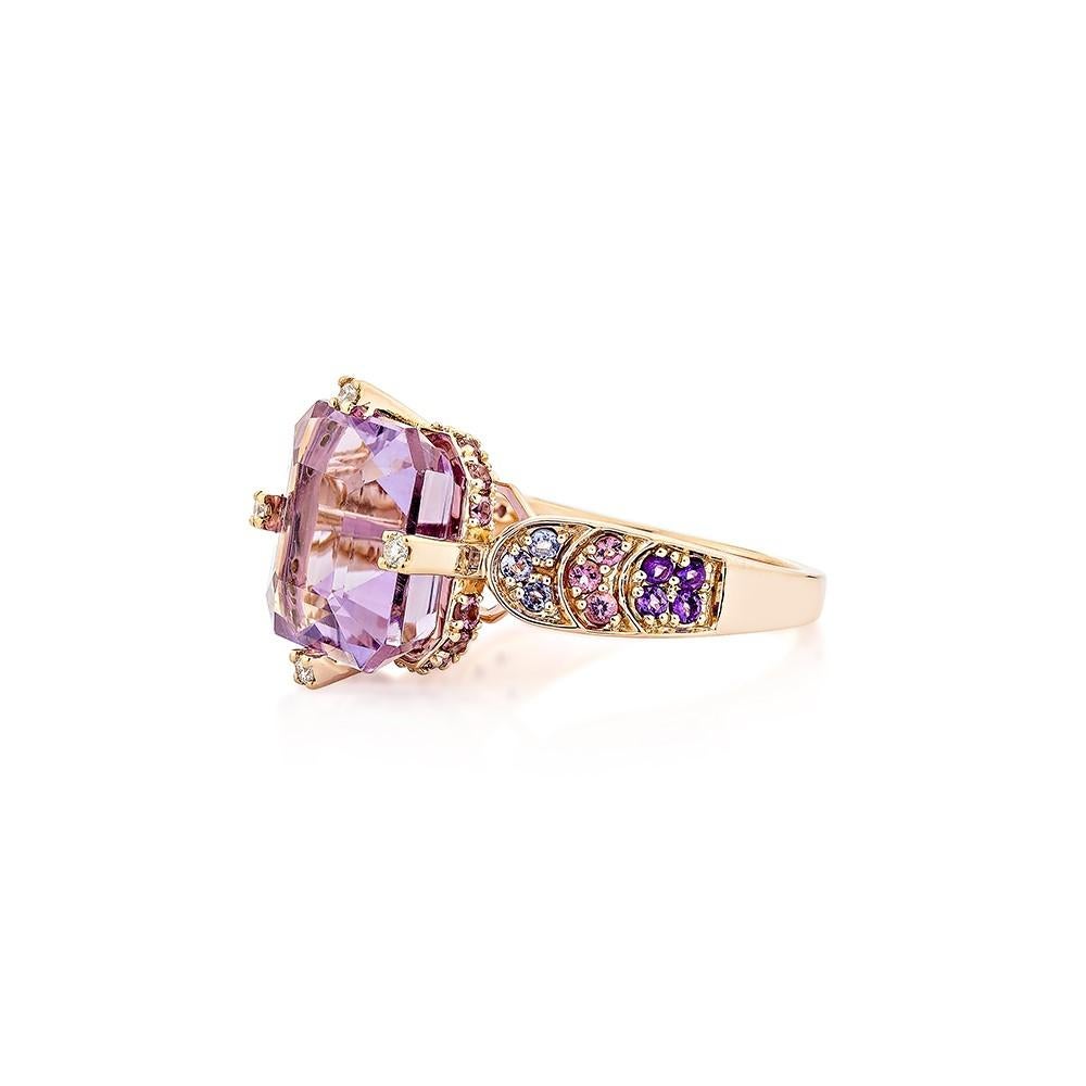 Octagon Cut 8.27 Carat Amethyst Fancy Ring in 18KRG with Multi Gemstone and Diamond.   For Sale