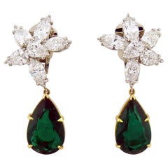 8.27 Carat Pear Shape Emerald and Diamond 18 Karat Two-Tone Gold Earrings