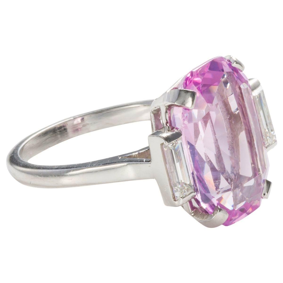 Contemporary 8.27 Carat Unheated Certified Pink Ceylon Sapphire and Baguette Cut Diamond Ring For Sale