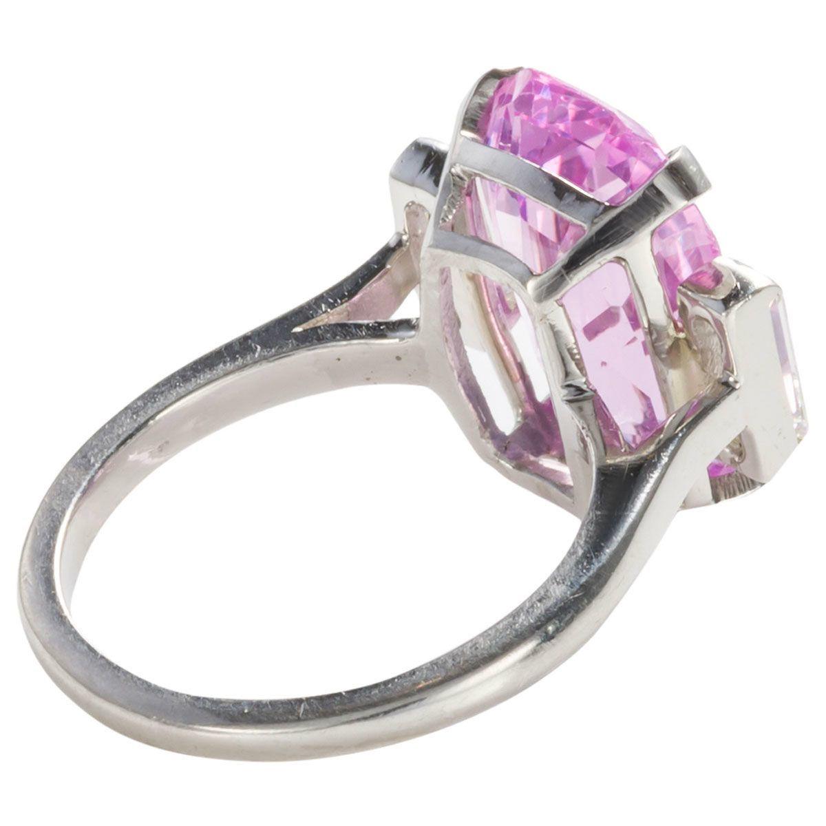 Emerald Cut 8.27 Carat Unheated Certified Pink Ceylon Sapphire and Baguette Cut Diamond Ring For Sale