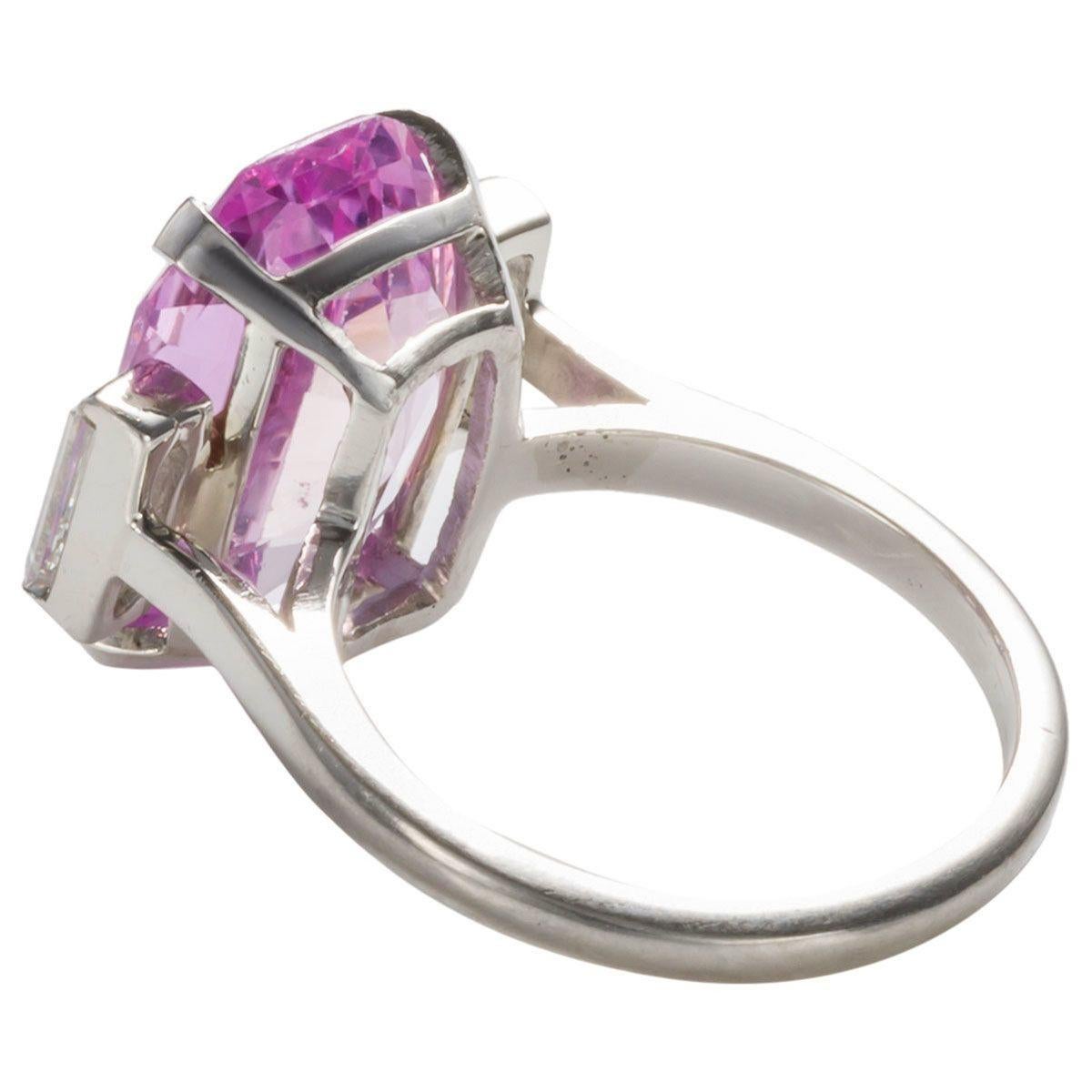 Women's 8.27 Carat Unheated Certified Pink Ceylon Sapphire and Baguette Cut Diamond Ring For Sale