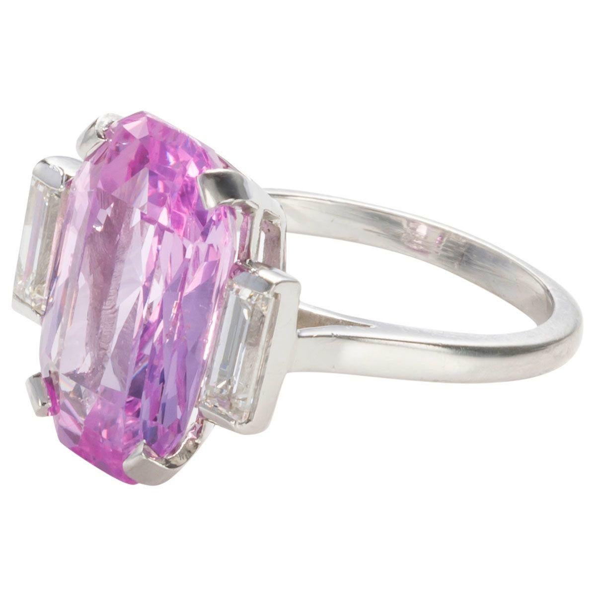 8.27 Carat Unheated Certified Pink Ceylon Sapphire and Baguette Cut Diamond Ring For Sale 1