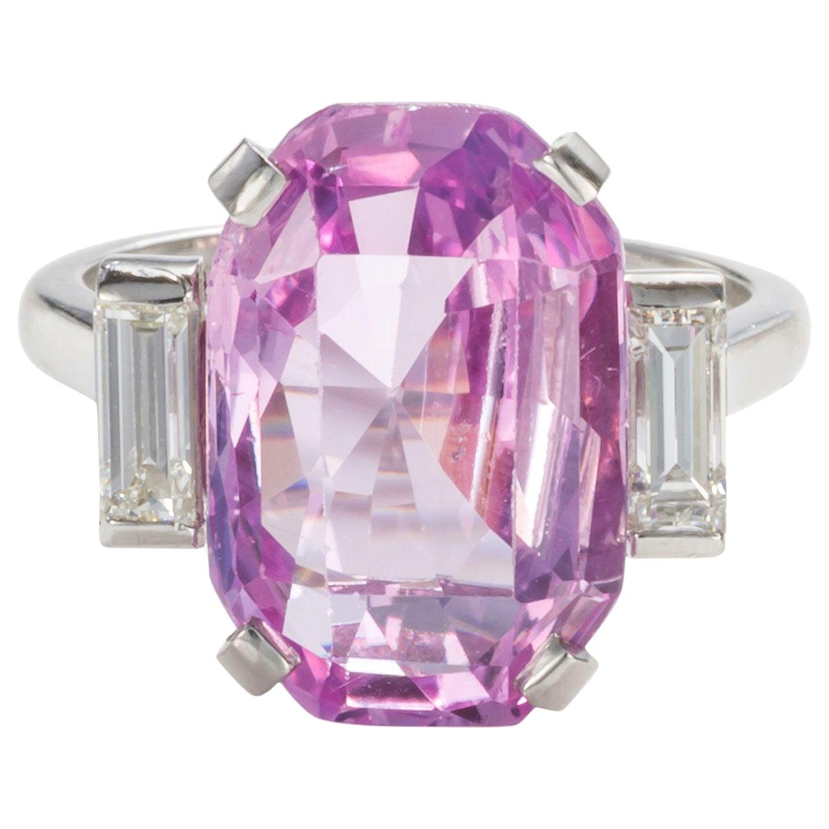 8.27 Carat Unheated Certified Pink Ceylon Sapphire and Baguette Cut Diamond Ring For Sale