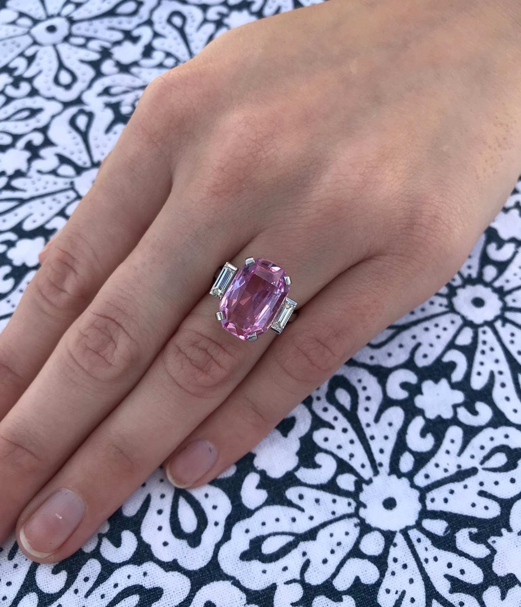 8.27 Carat Unheated Certified Pink Ceylon Sapphire and Baguette Cut Diamond Ring For Sale 4