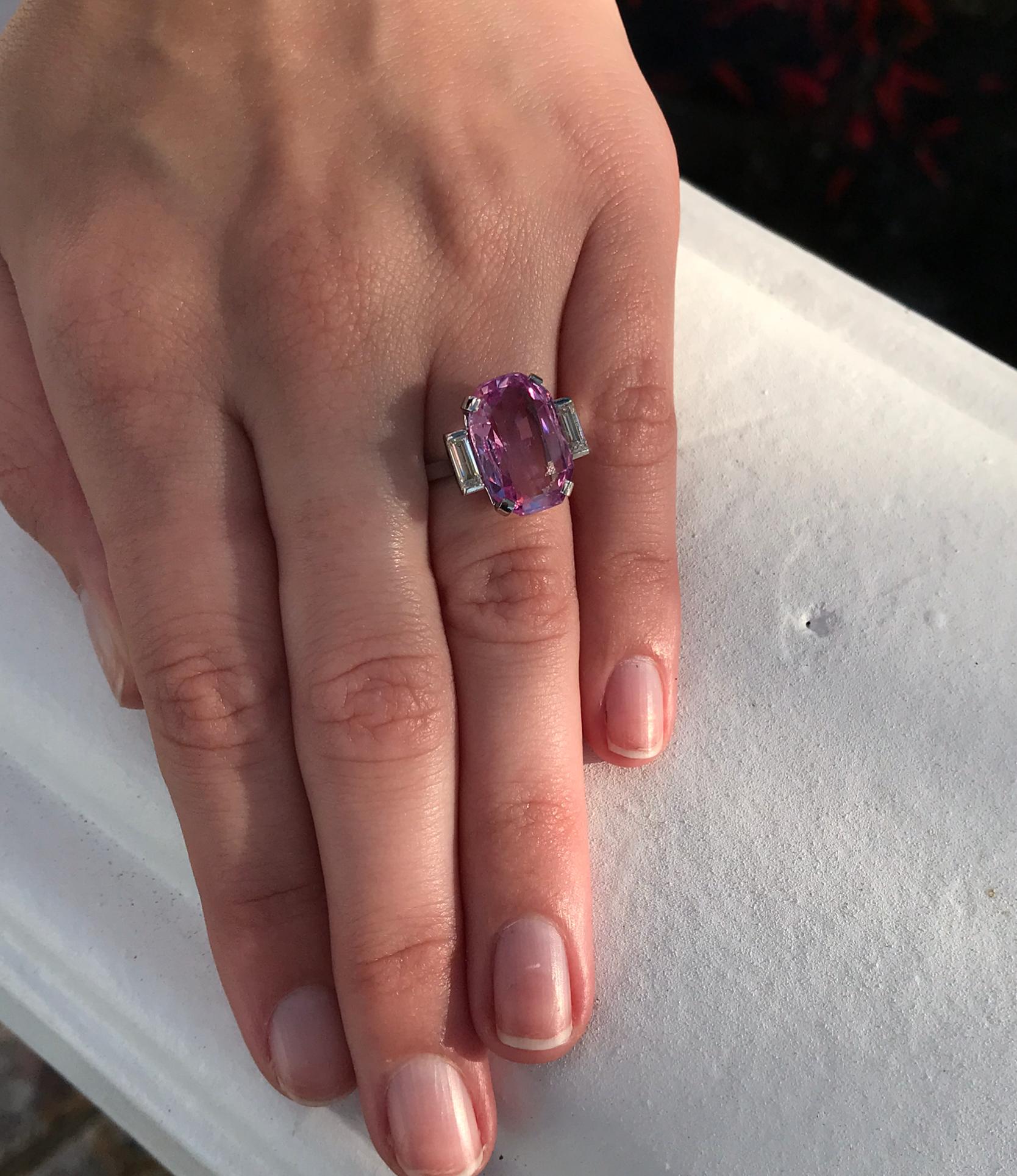 8.27 Carat Unheated Certified Pink Ceylon Sapphire and Baguette Cut Diamond Ring For Sale 5