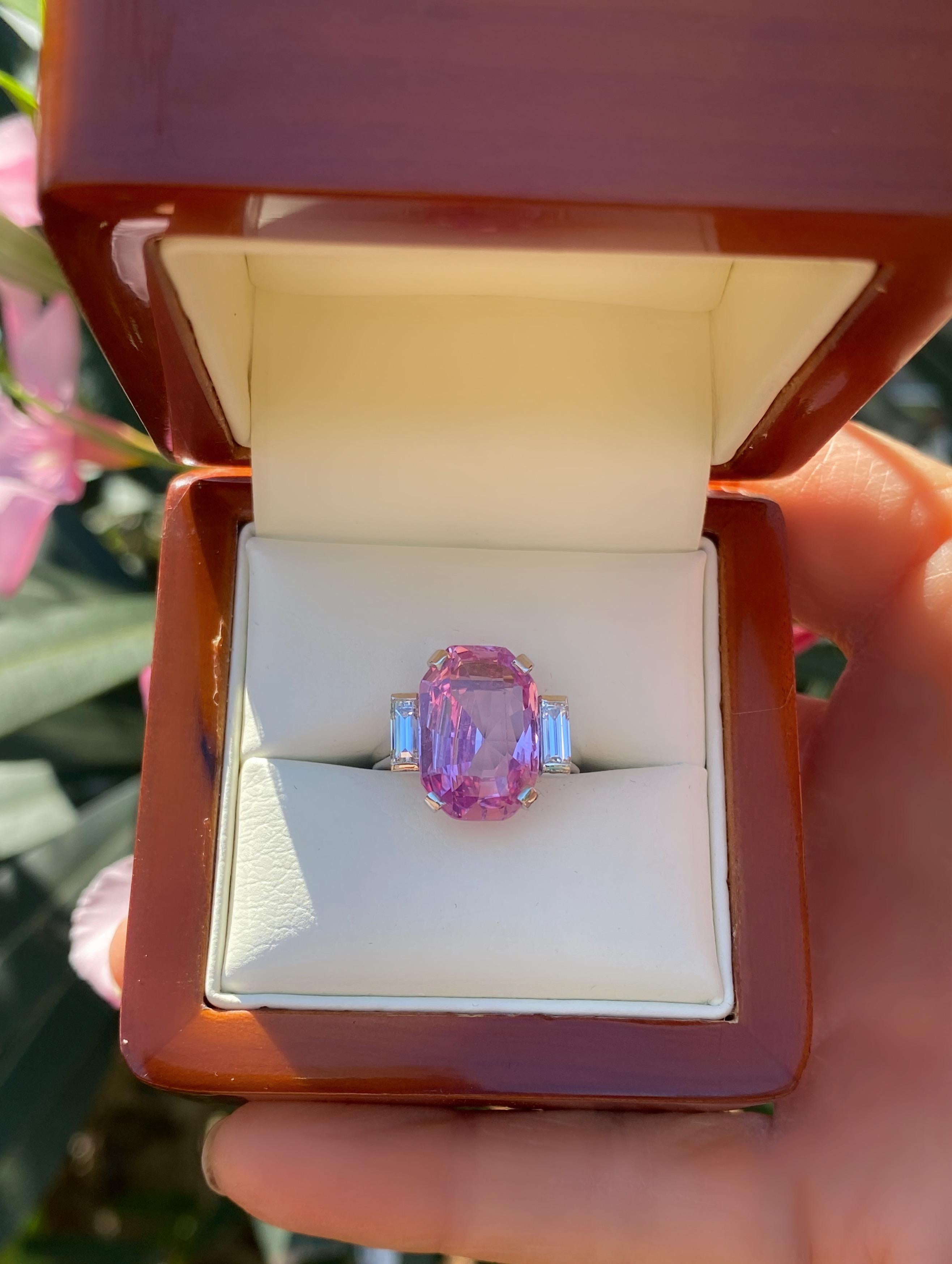 8.27 Carat Unheated Certified Pink Ceylon Sapphire and Baguette Cut Diamond Ring For Sale 6