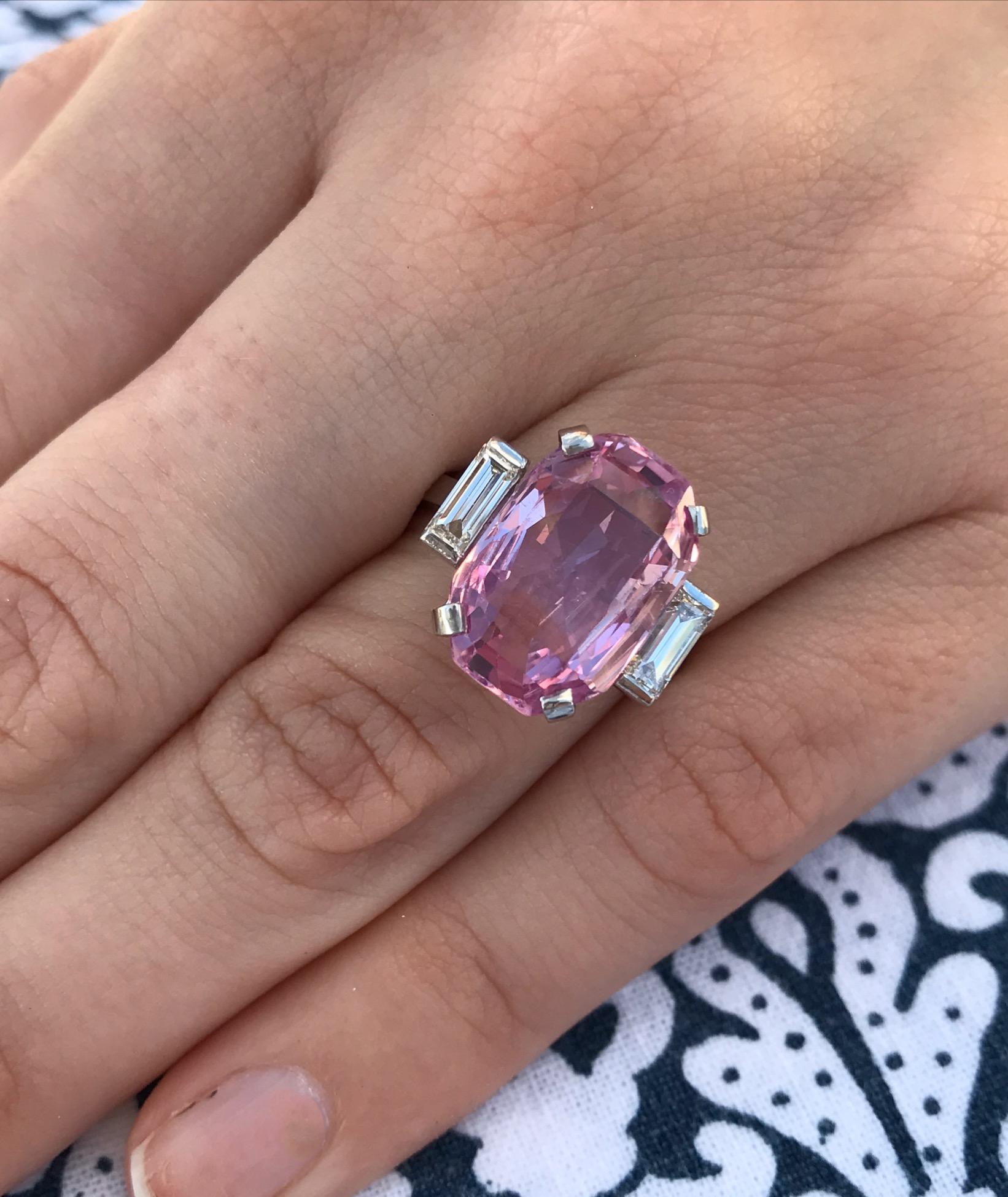 8.27 Carat Unheated Certified Pink Ceylon Sapphire and Baguette Cut Diamond Ring For Sale 2