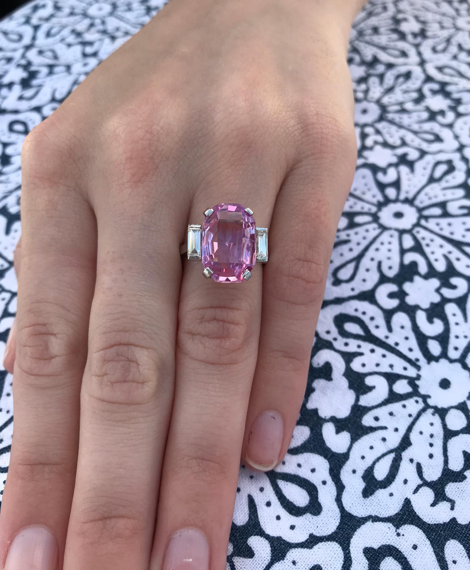 8.27 Carat Unheated Certified Pink Ceylon Sapphire and Baguette Cut Diamond Ring For Sale 3
