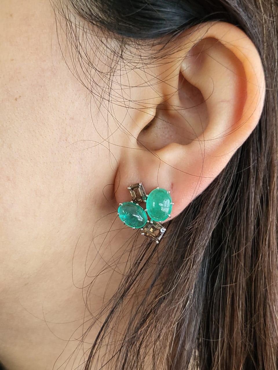 Princess Cut 8.27 Carats, Natural Columbian Emeralds & Brown Diamonds Stud Earrings For Sale