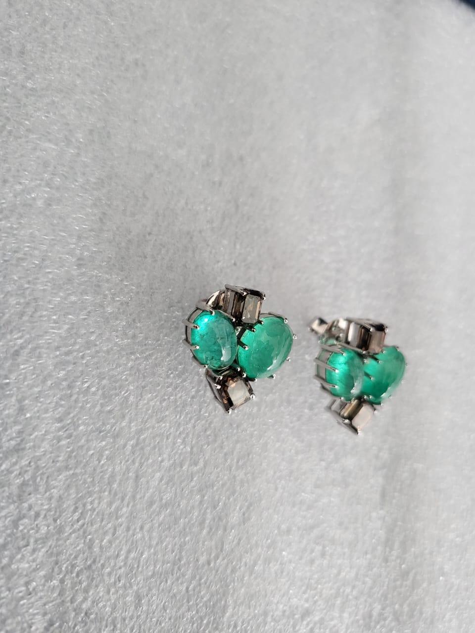 8.27 Carats, Natural Columbian Emeralds & Brown Diamonds Stud Earrings For Sale 1