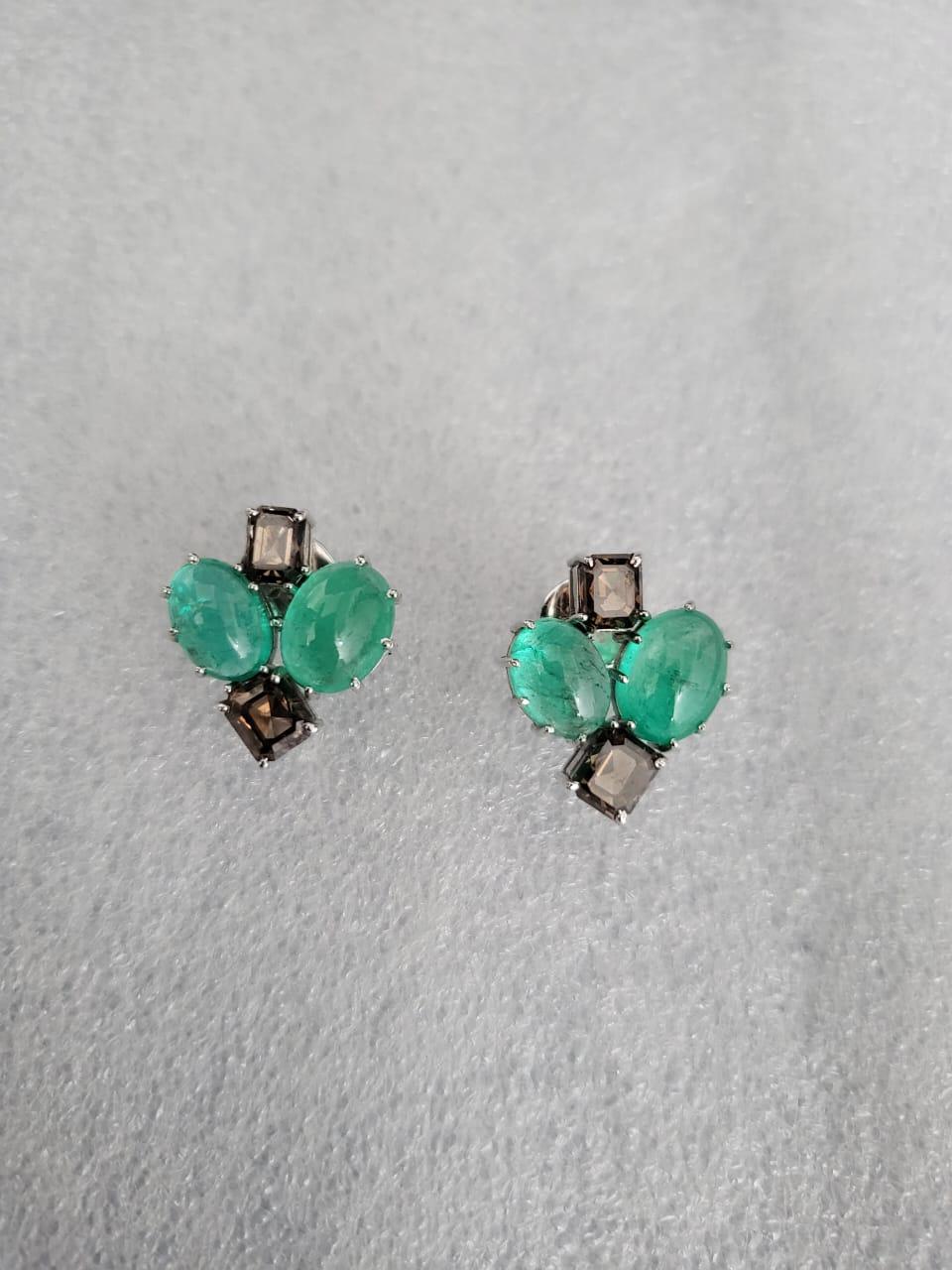 8.27 Carats, Natural Columbian Emeralds & Brown Diamonds Stud Earrings For Sale 2