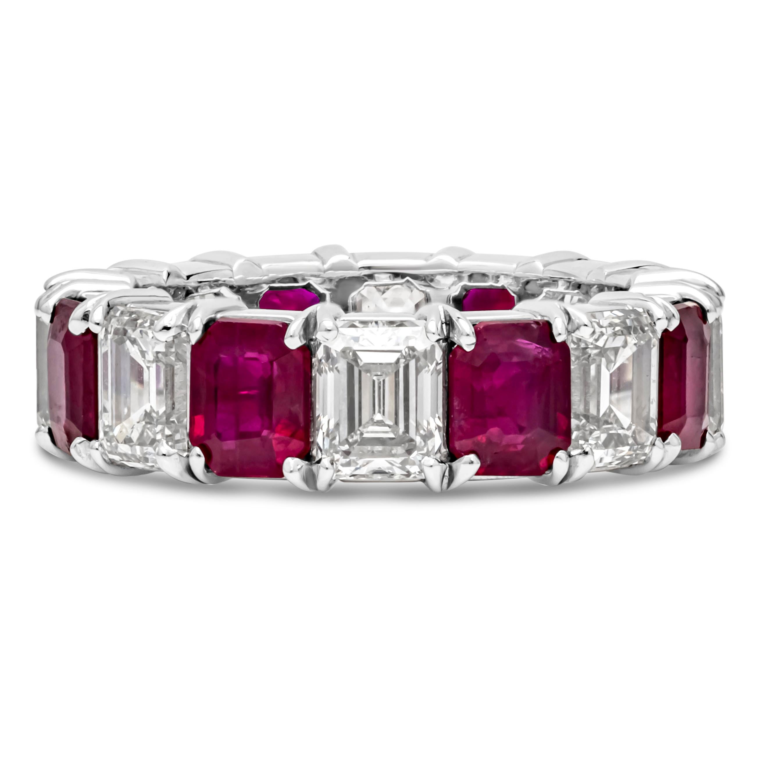 This all around wedding band features 8 emerald-cut natural rubies weighing 4.18 carats total and 8 emerald-cut diamonds weighing 4.09 carat total. The diamonds are H Color and VS in Clarity. Made with Platinum. Size 5.5 US resizable upon request