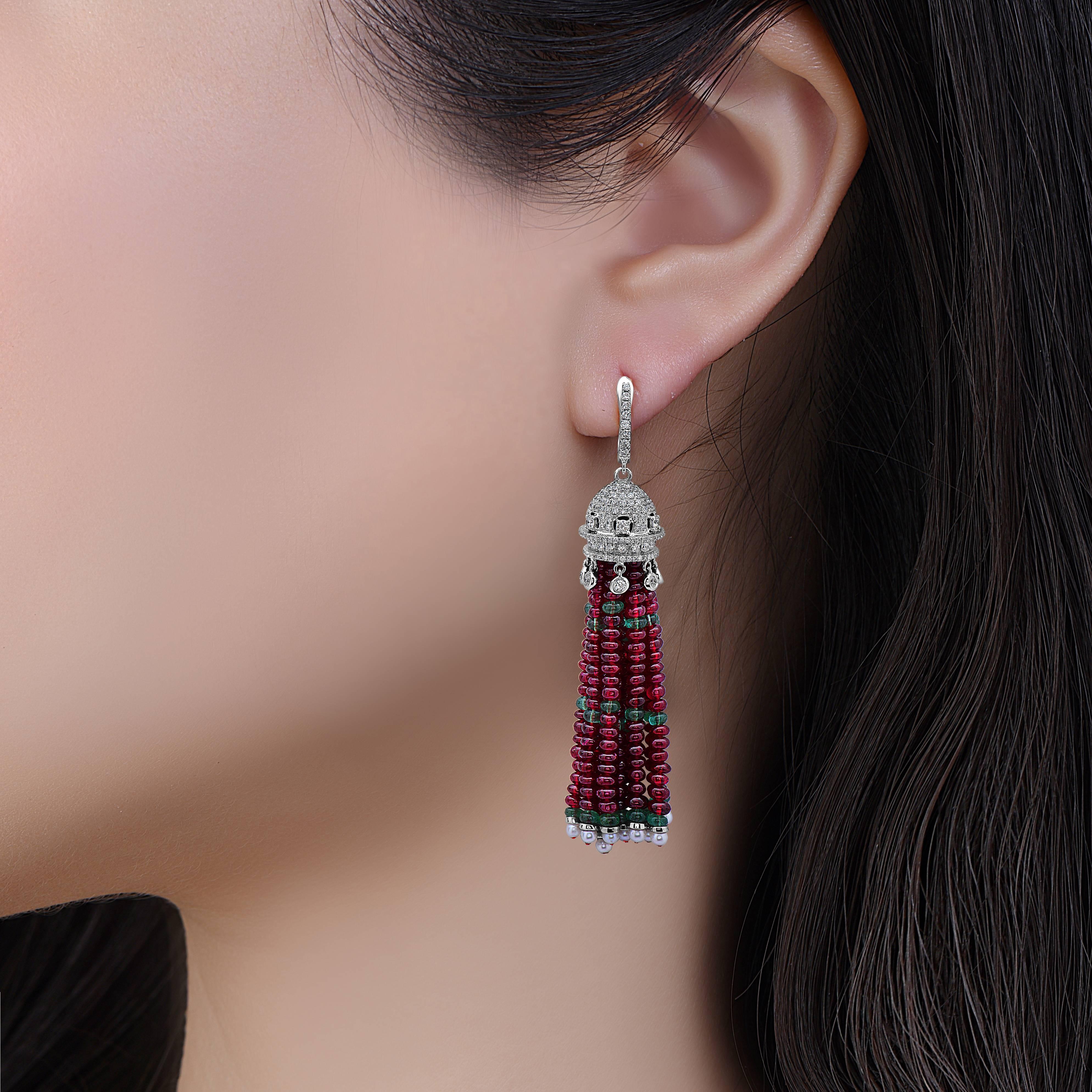 Approx total weight: 82.74 cts
Diamond Color: E-F
Diamond Clarity: Vvs1
Emerald/Ruby: Deep gorgeous rich colors  
These hand made earrings are truly a work of art and the reflection of perfection! 
All Emilio! pieces come with a professional