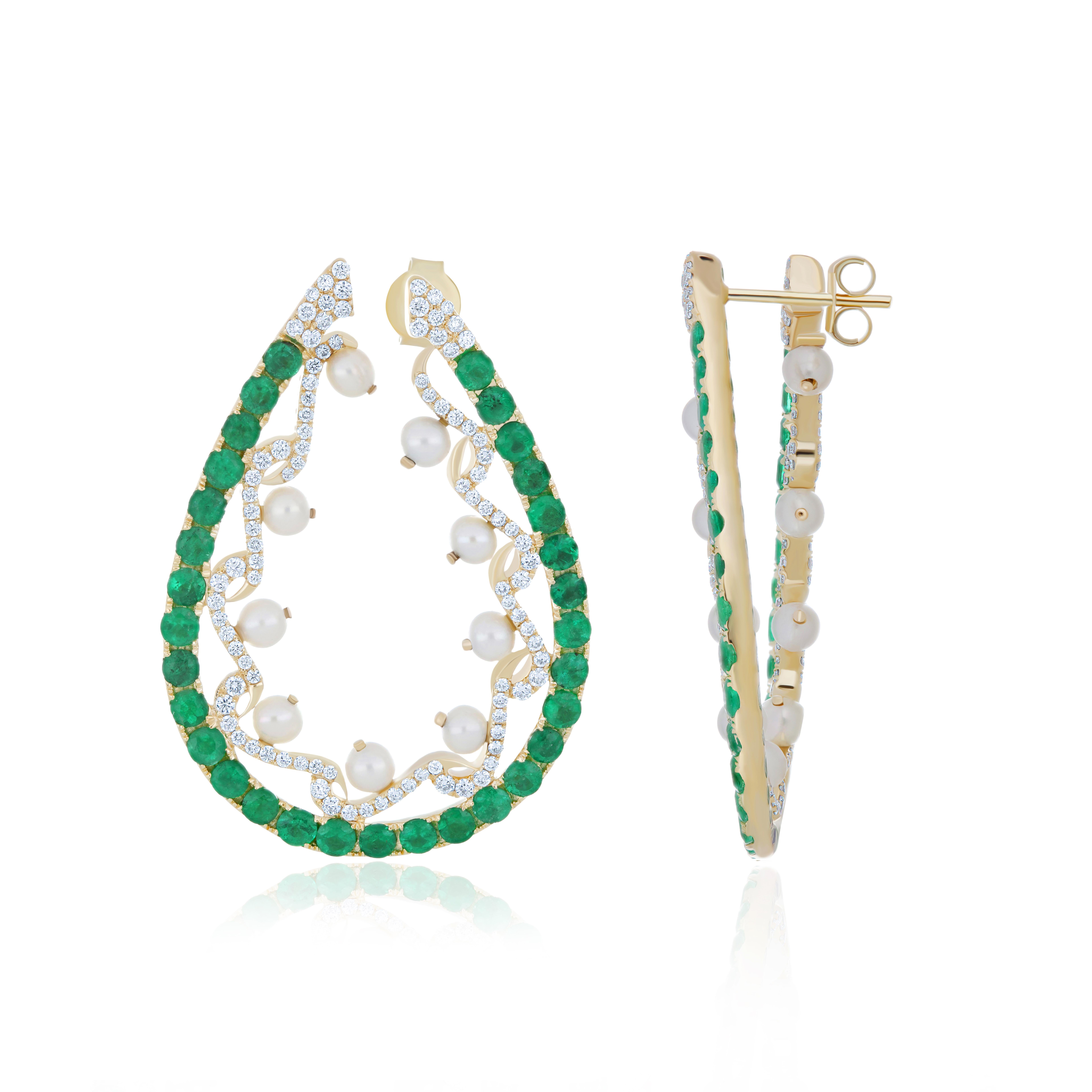 Elegant and Exquisitely Detailed Earring made in  14Karat Yellow Gold Earring set with Round Cut Emerald weighing approx.3.6 Cts &  Pearl weighing approx.4.60Cts, accented with micro pave Set Diamond weighing approx. 1.9 Cts Beautifully Hand-Crafted