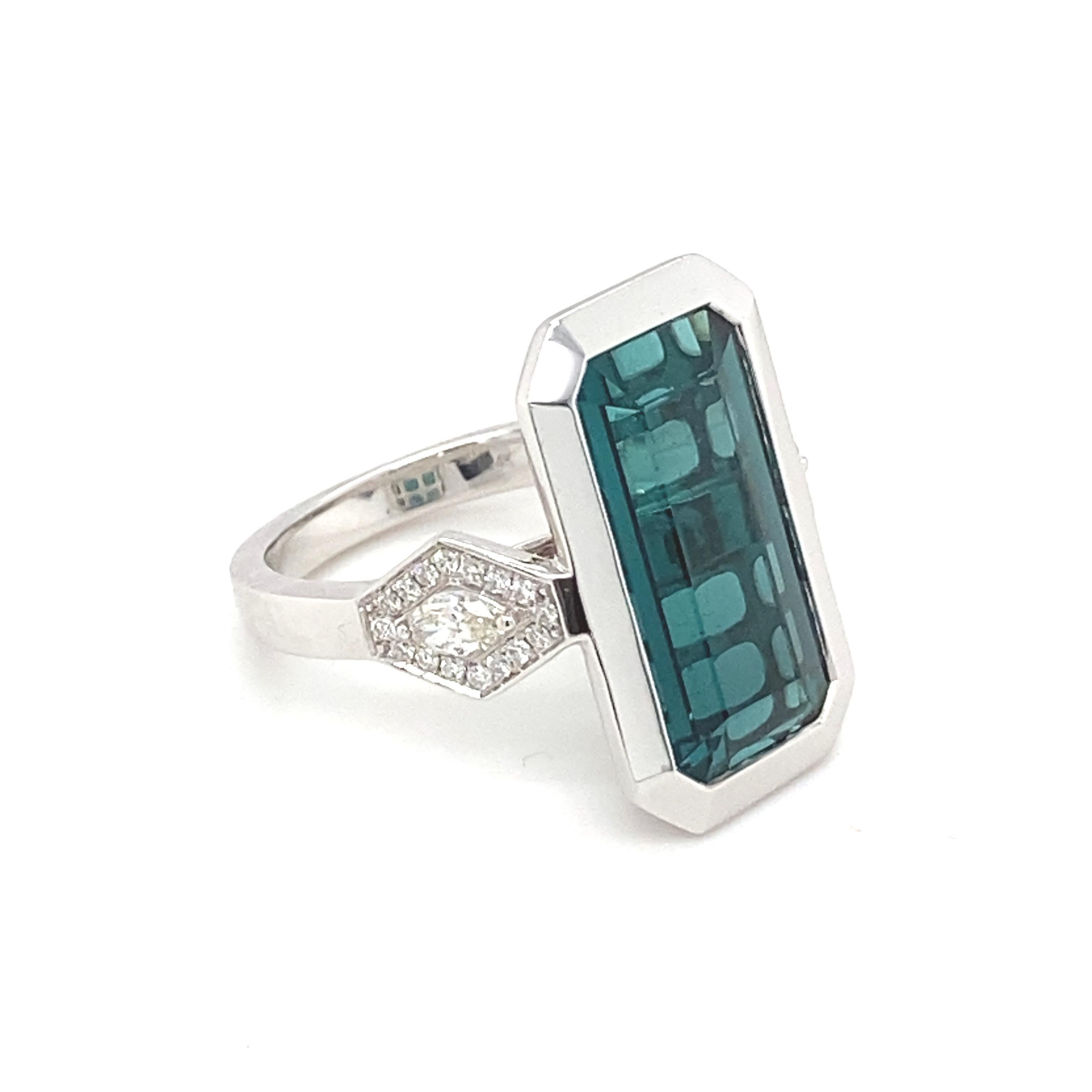 8.28 Carat Baguette Indicolite Tourmaline Diamond White Gold Cocktail Ring In New Condition For Sale In Trumbull, CT