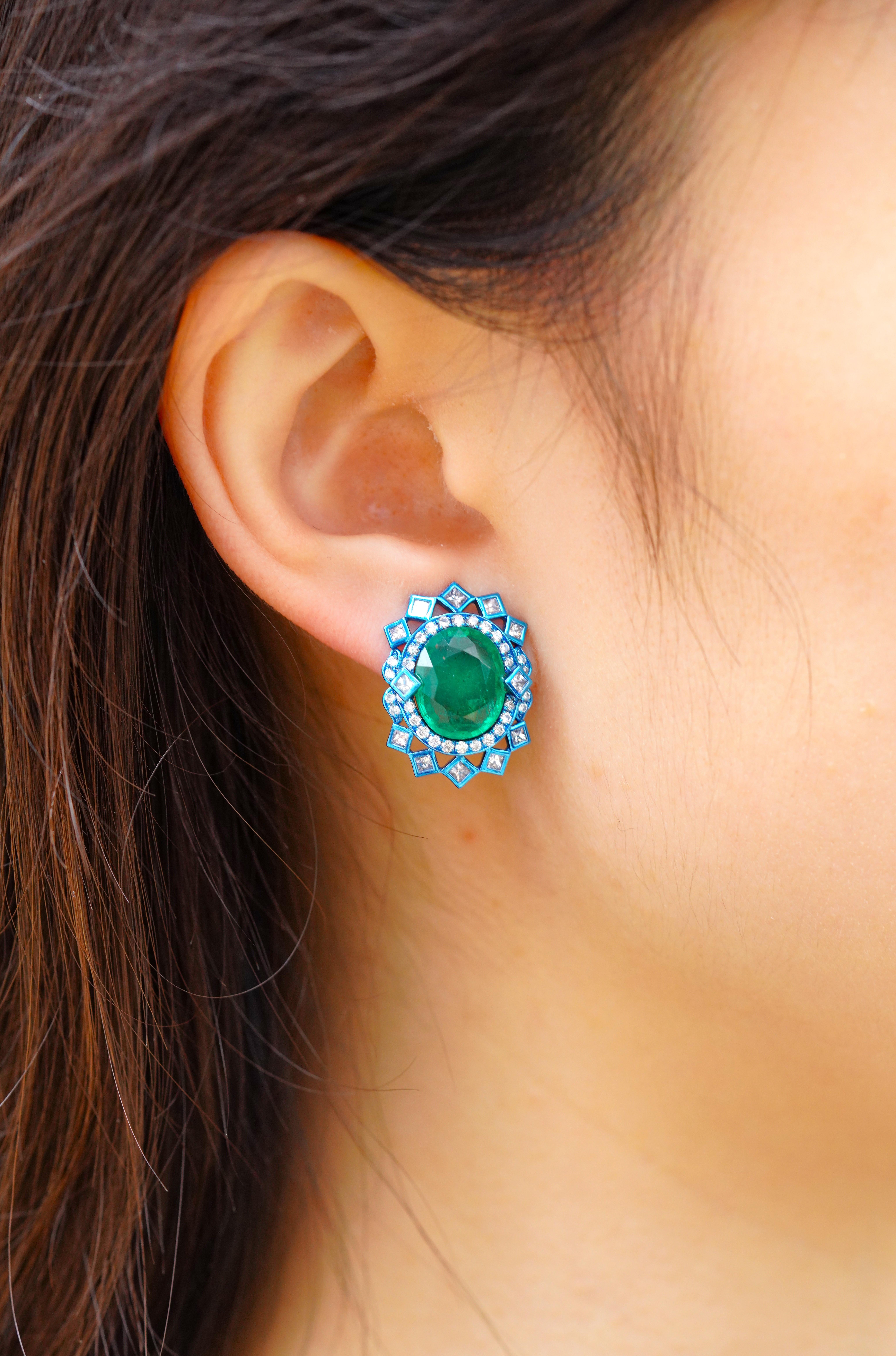 Oval Cut 8.28 Carat Emeralds, Diamond Stud Earrings, 18K Gold, Austy Lee For Sale