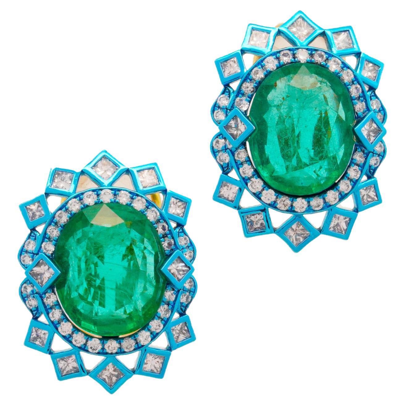 8.28 Carat Emeralds, Diamond Stud Earrings, 18K Gold, Austy Lee For Sale