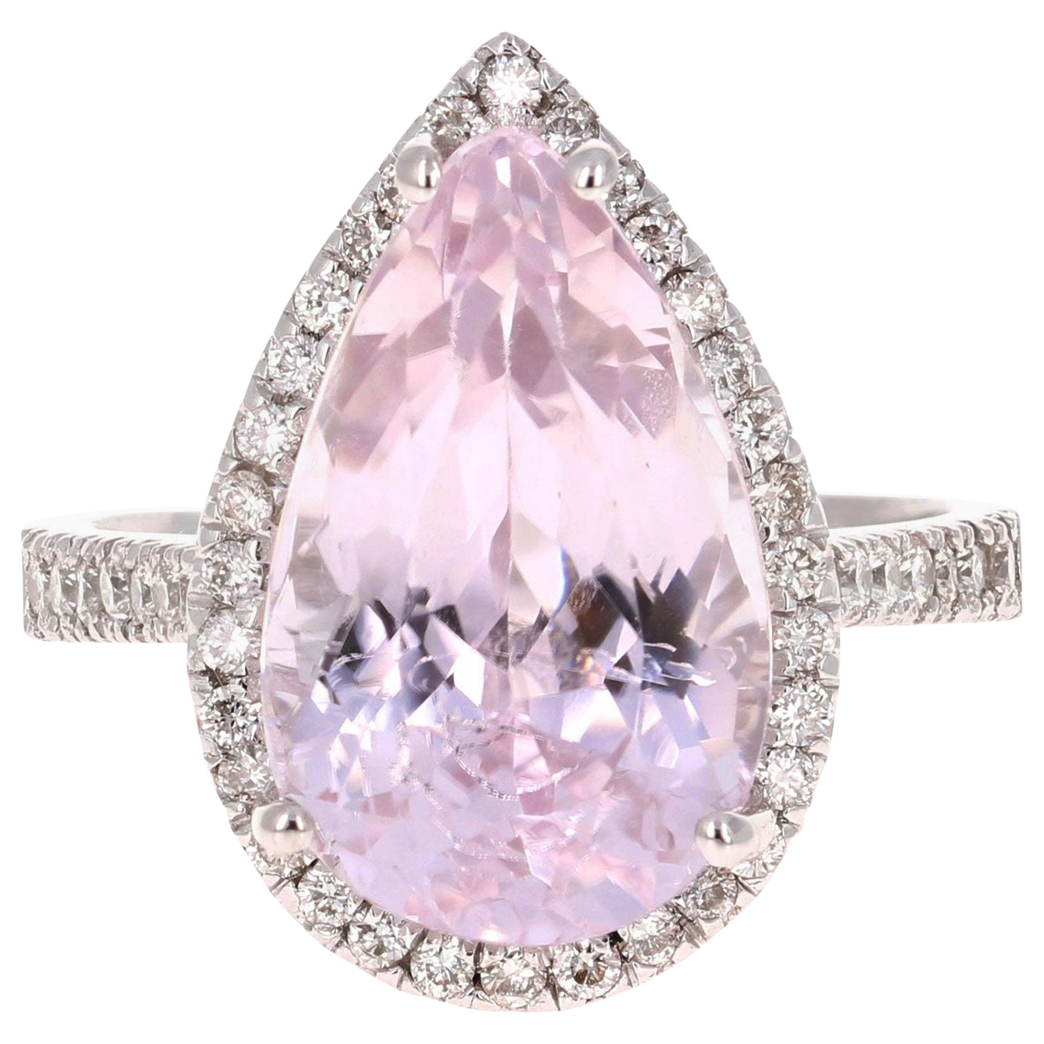Kunzite Halo Diamond White Gold Engagement Ring For Sale