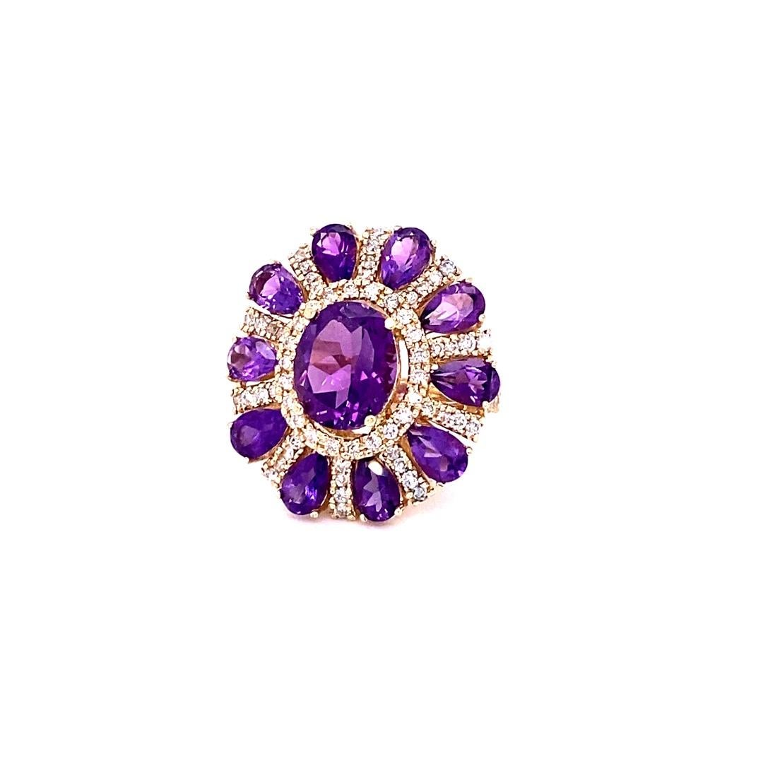 Contemporary 8.28 Carat Natural Amethyst and Diamond Yellow Gold Cocktail Ring For Sale