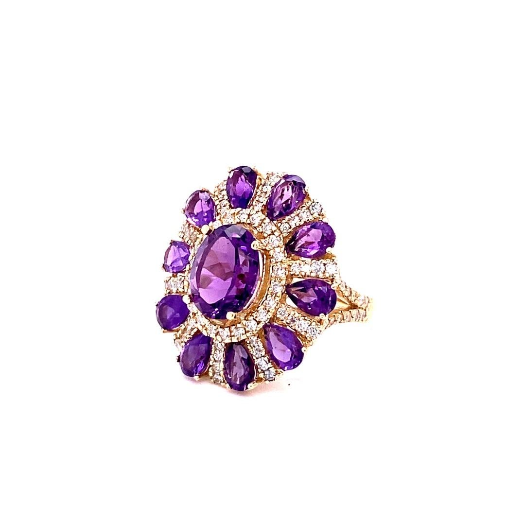 Oval Cut 8.28 Carat Natural Amethyst and Diamond Yellow Gold Cocktail Ring For Sale