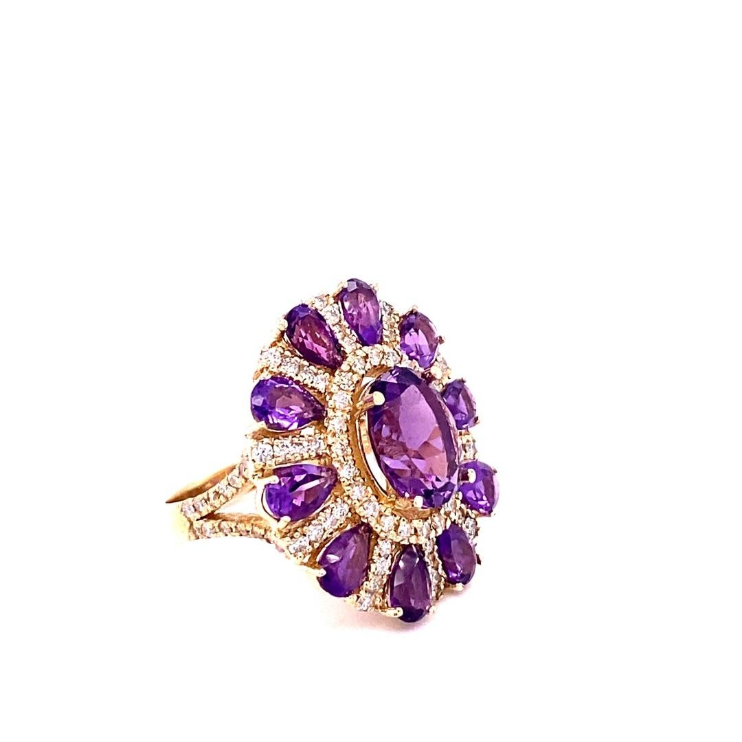 Women's 8.28 Carat Natural Amethyst and Diamond Yellow Gold Cocktail Ring For Sale