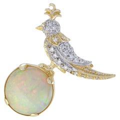 8.28 Ct. Ethiopian Opal and Diamond Vintage Style Hummingbird Brooch in 18K Gold