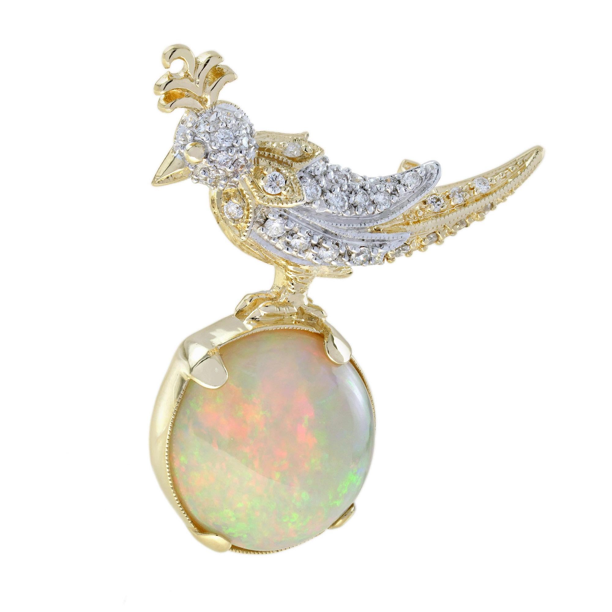 Cabochon 8.28 Ct. Ethiopian Opal Diamond Vintage Style Wonderful Bird Brooch in 18K Gold