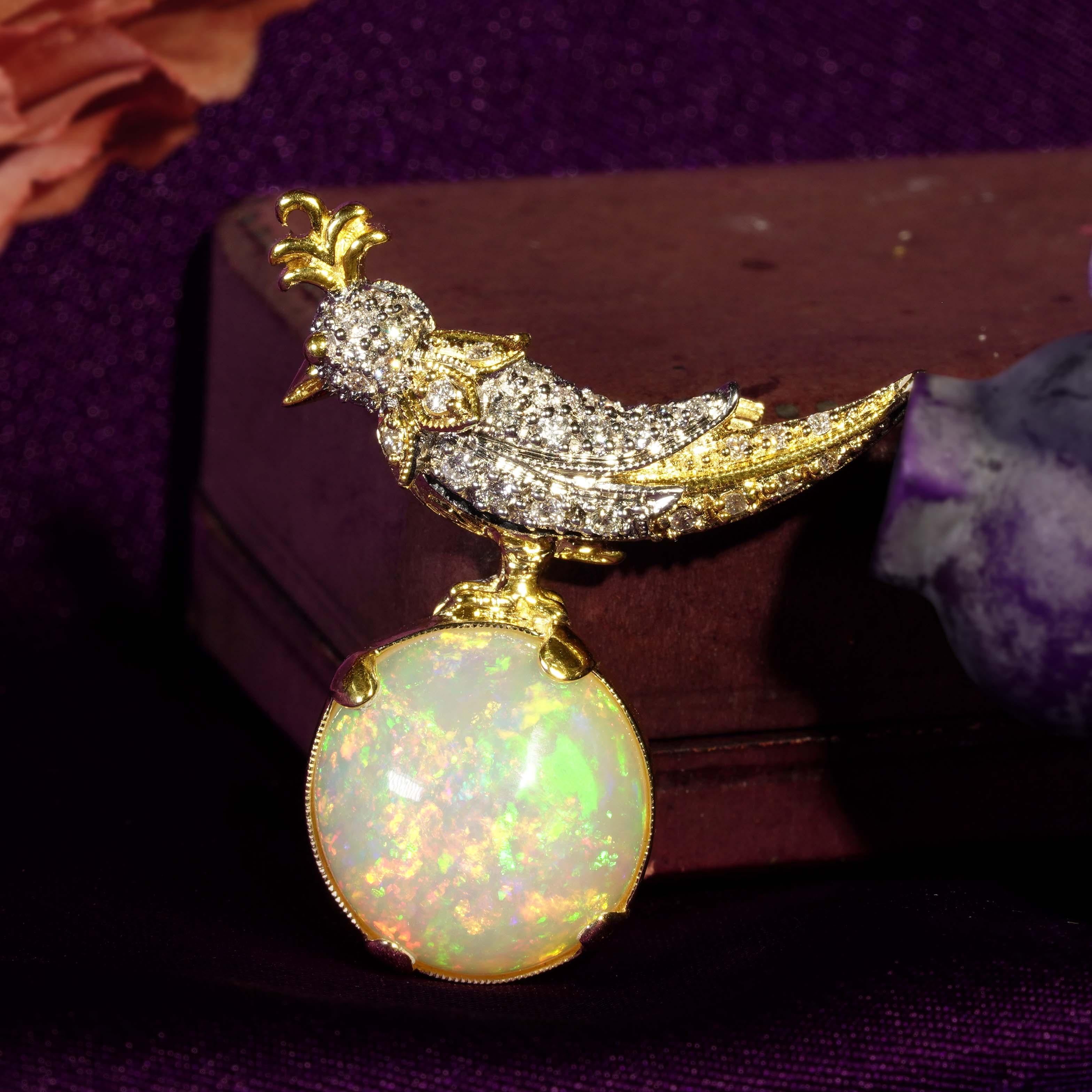 Art Deco 8.28 Ct. Ethiopian Opal Diamond Vintage Style Wonderful Bird Brooch in 18K Gold