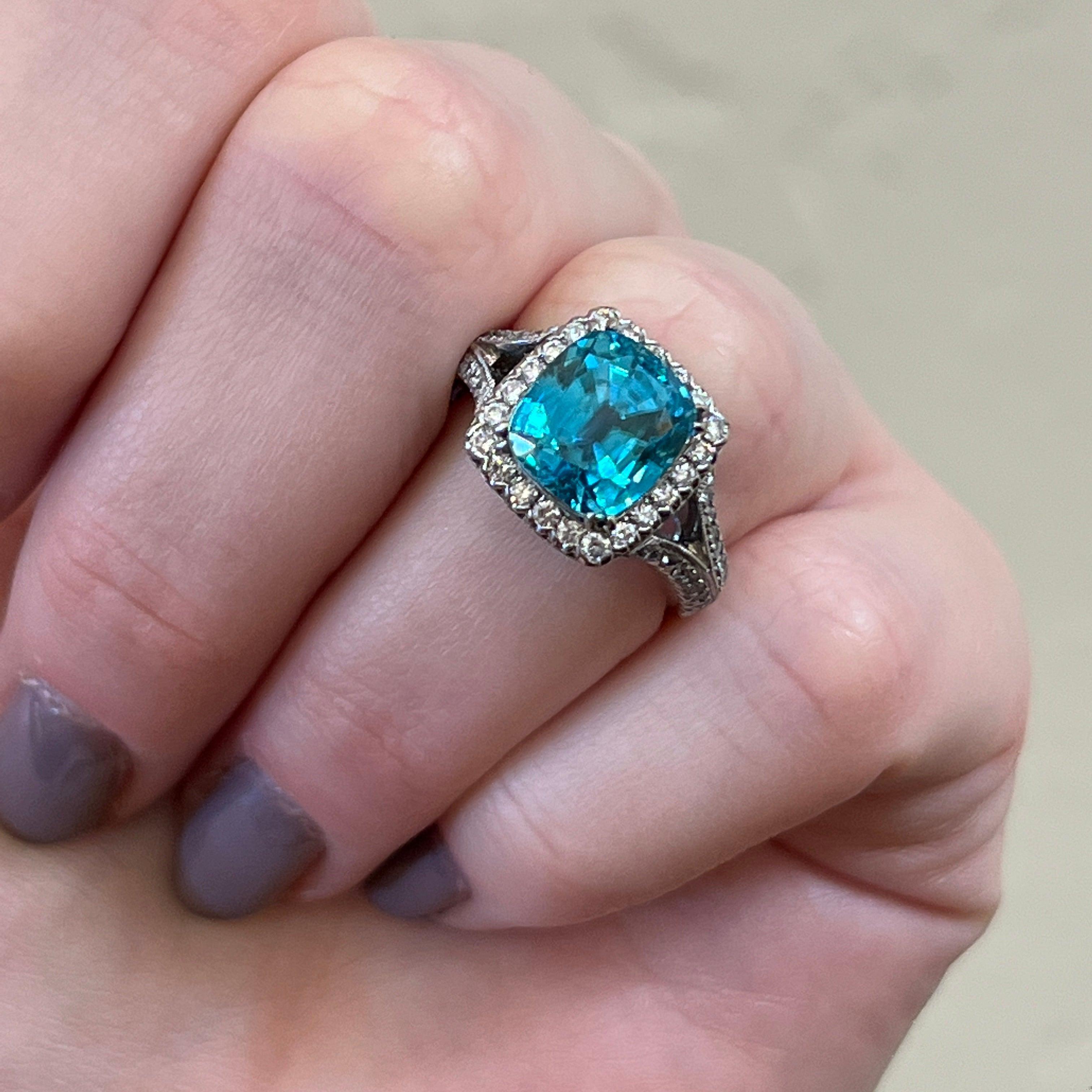 Women's 8.28CT Blue Zircon Handmade Diamond Platinum Ring For Sale