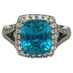 8.28CT Blue Zircon Handmade Diamond Platinum Ring