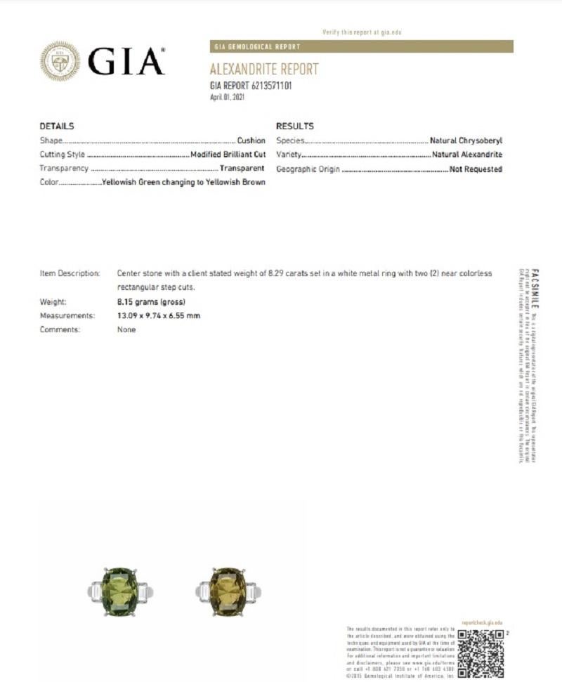 8.29ct Alexandrite Diamond Platinum 3-Stone Ring, GIA Certified 2