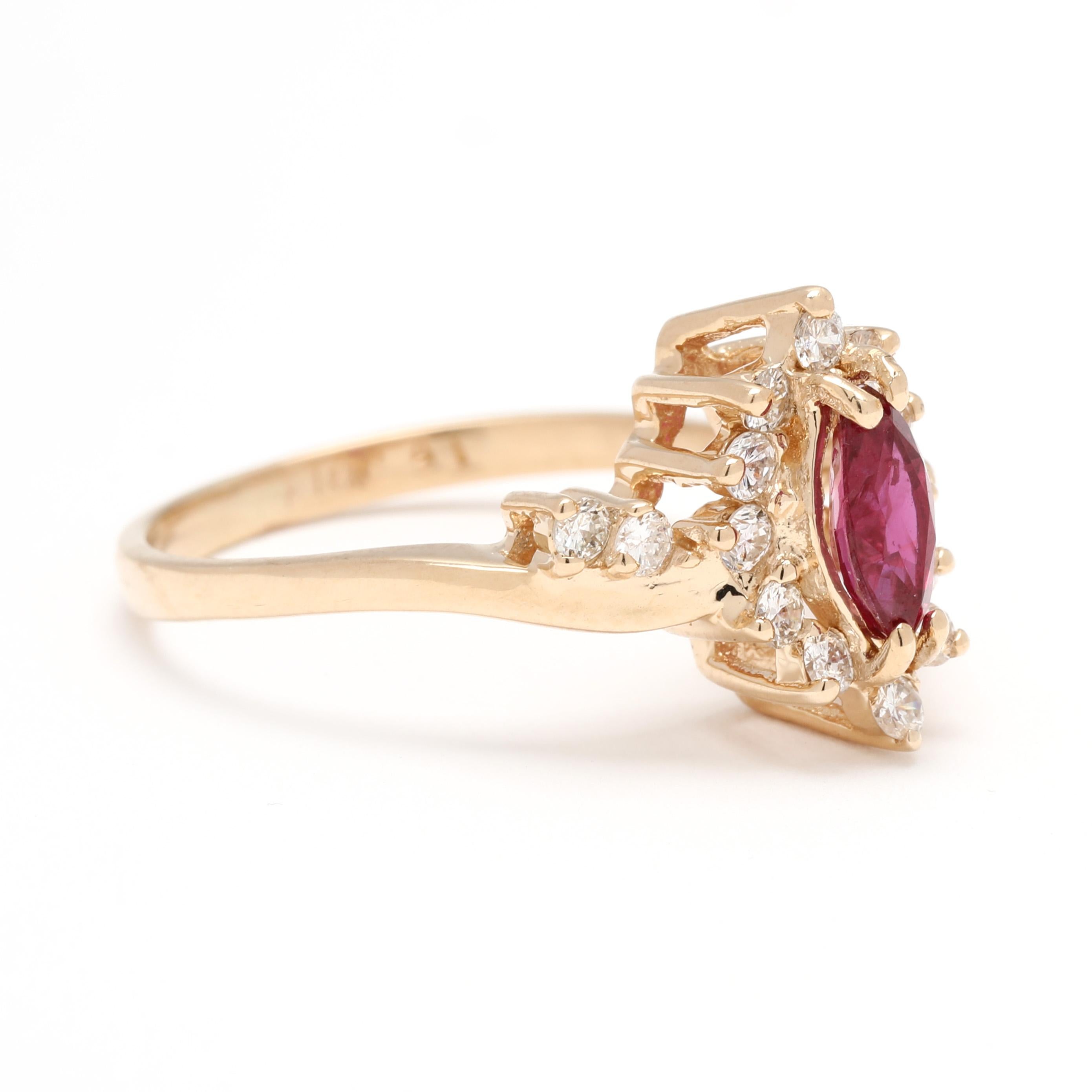 Piedras:
rubí, 1 piedra
corte marquesa
7 x 3,5 mm
aproximadamente 0,50 quilates
diamantes, 16 piedras
redondo brillante
1.75 mm
aproximadamente 0,32 quilates en total
Color F-G, claridad VS2-SI1

Anillo talla 7.5

Longitud: 13,1 mm

Peso: 2,4 dwts.