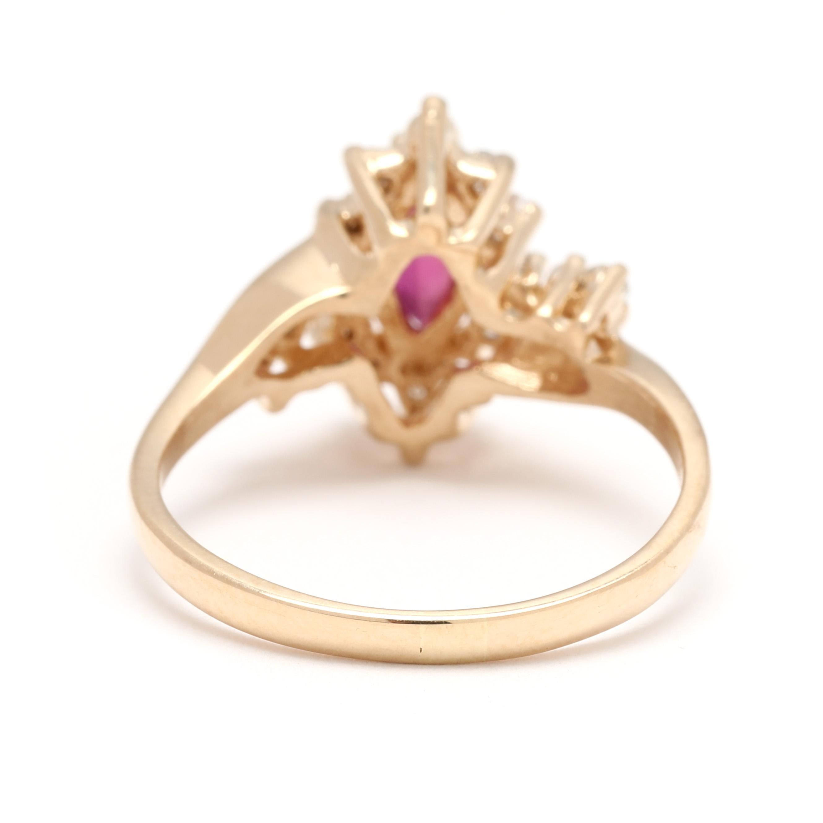 Anillo de cóctel marquesa de rubíes y diamantes de 0,82 ct, oro amarillo de 14k, tamaño del anillo 7,5 Corte marquesa en venta