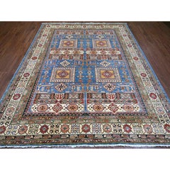 8'2"x10' Blue Afghan Super Kazak with Geometric Pattern Hand Knotted Wool Rug