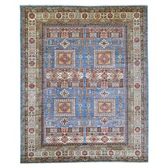 8'2"x10' Blue Afghan Super Kazak with Geometric Pattern Hand Knotted Wool Rug