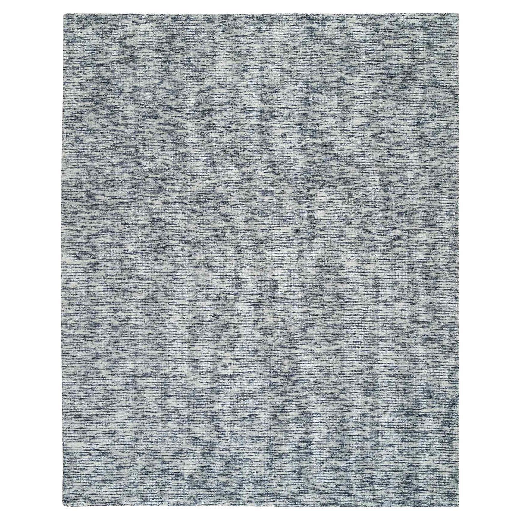 8
2"x10
 Blue and Ivory, Pure Wool Hand Loomed, Modern Striae Design Rug For Sale