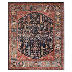 8'2"x10' Blue Aryana Grade Cypress and Willow Tree Design Hand Knotted Wool Rug