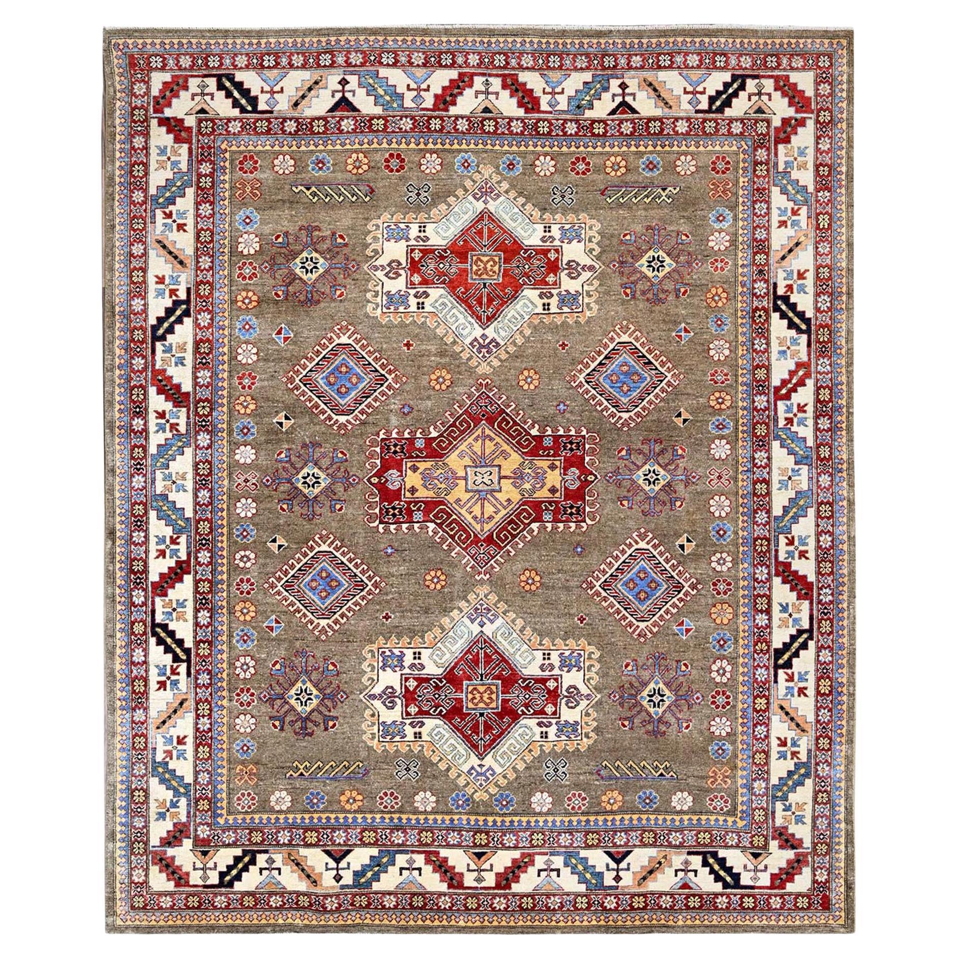 8'2 "x10' Alfombra Marrón Afgana Especial Kazak Diseño Medallones Anudada a Mano Toda Lana