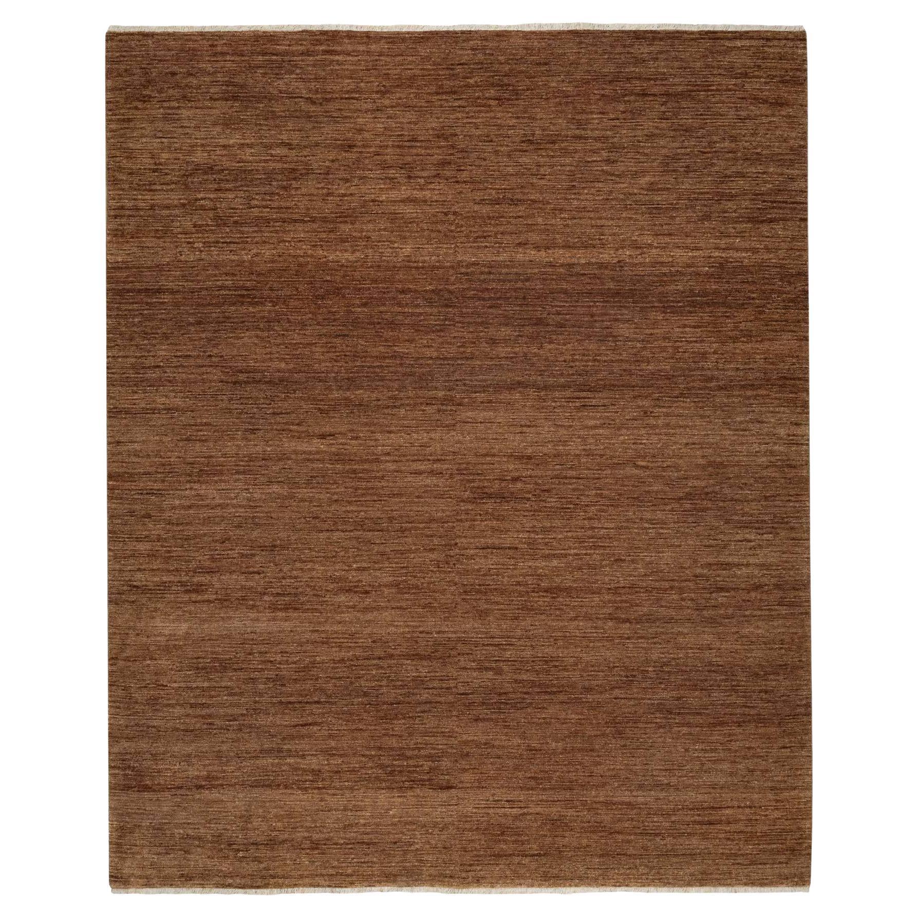 8'2 "x10' Tappeto di lana annodato a mano con design solido marrone rasato a basso pelo zero in vendita
