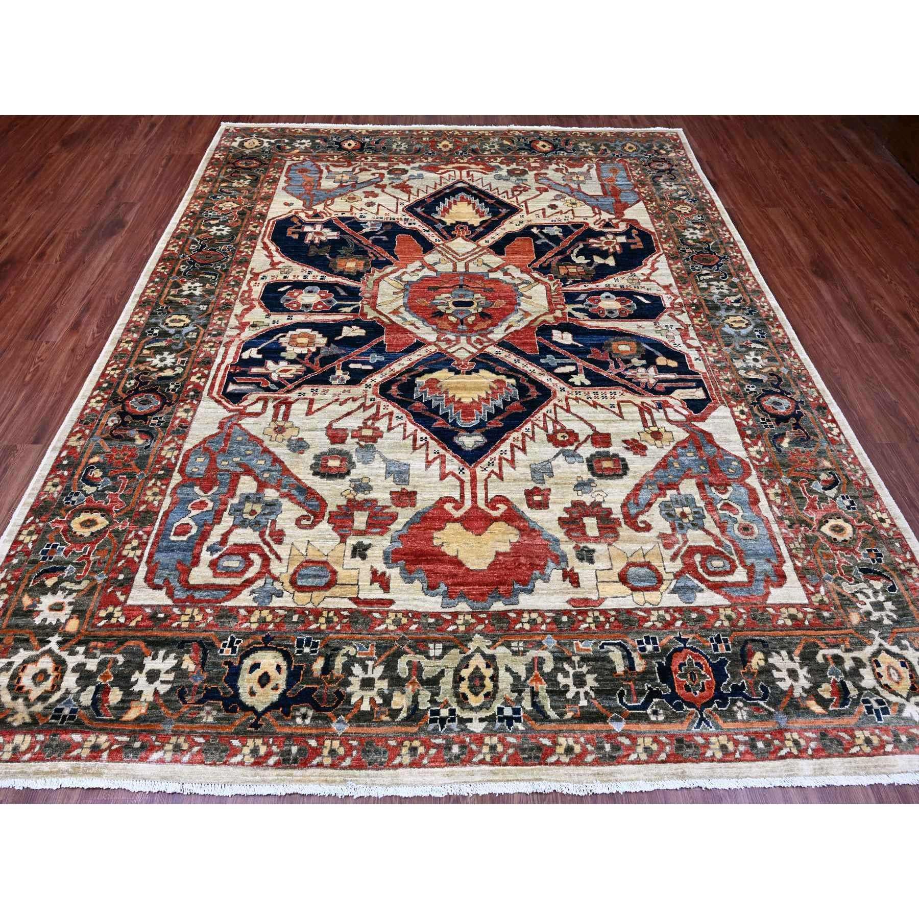 Khaki Brown with Navy Blue, Hand Knotted, Aryana Serapi Heriz, Vegetable Dyes, 100% Wool, Densely Woven, Oriental Rug
Primary materials: Wool
Latex: No Pile 
height: 0.25 Inches
Style: Transitional
Primary color: Brown
Secondary colors: Yellow, Navy
