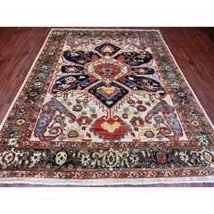 8'2"x10' Brown with Blue Hand Knotted Serapi Heriz 100% Wool Oriental Rug
