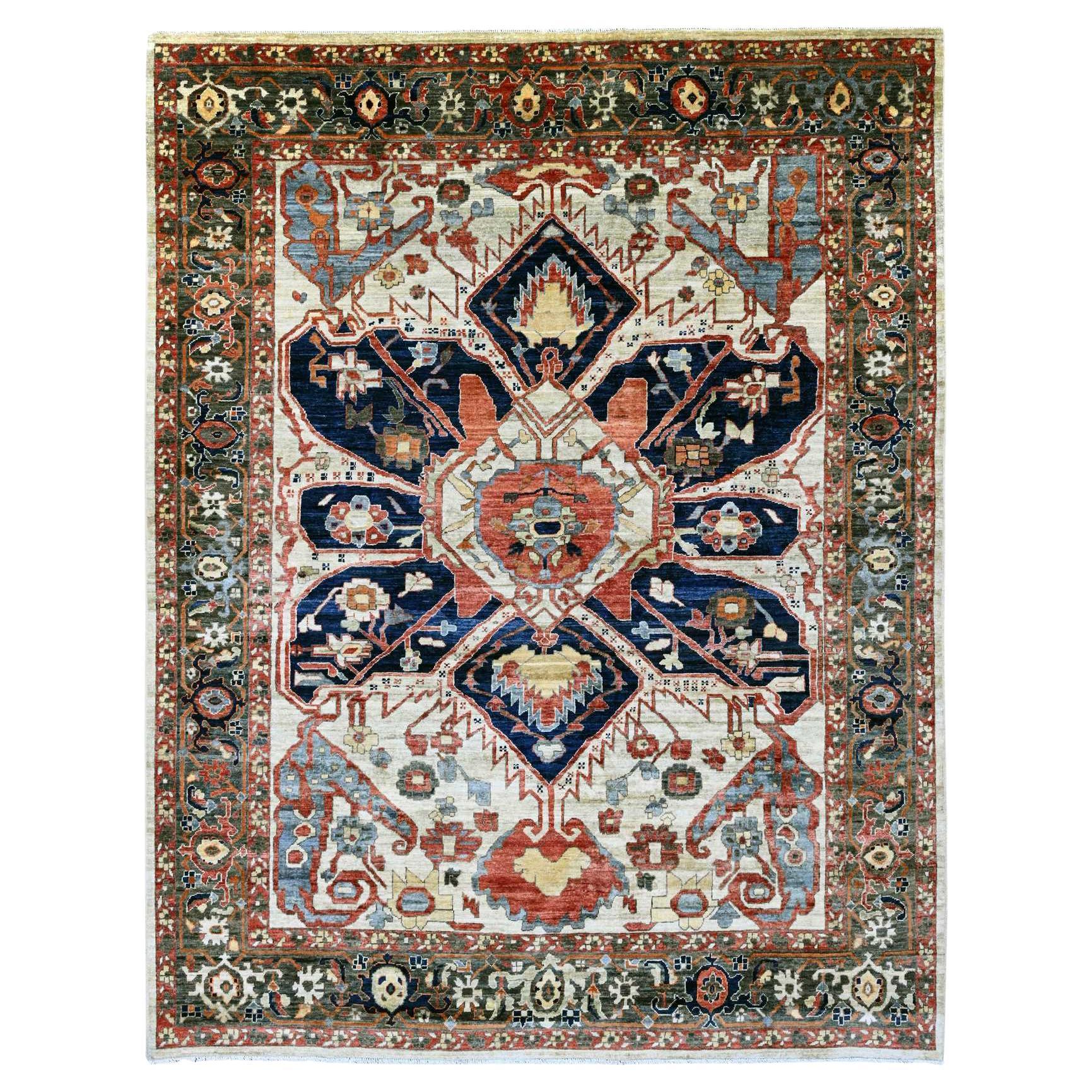 8'2"x10' Brown with Blue Hand Knotted Serapi Heriz 100% Wool Oriental Rug For Sale