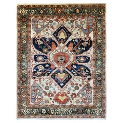 8'2"x10' Brown with Blue Hand Knotted Serapi Heriz 100% Wool Oriental Rug