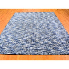 8'2"x10' Fence Design with Blue Wool and Art Silk Tone on Tone Hand Loomed Rug